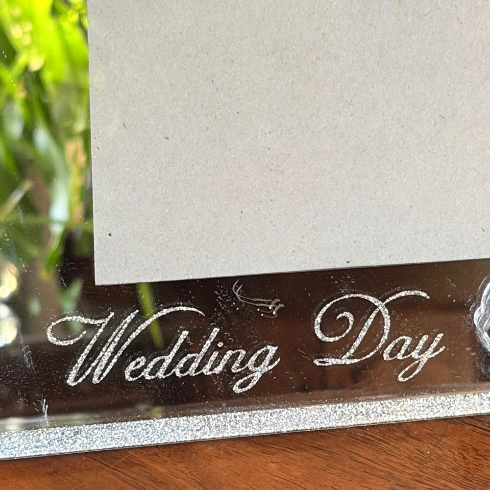 Wedding Picture Frame Mirror Silver Glitter Interlocking Rings Rhinestones 8x10